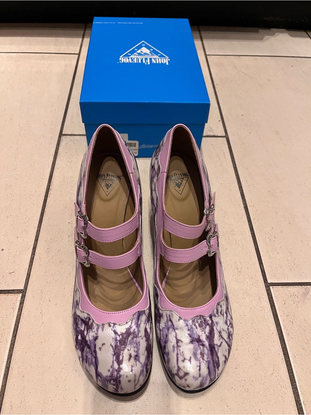 John Fluevog Supernova Purple Pink Marble Double-Strap Mary Janes